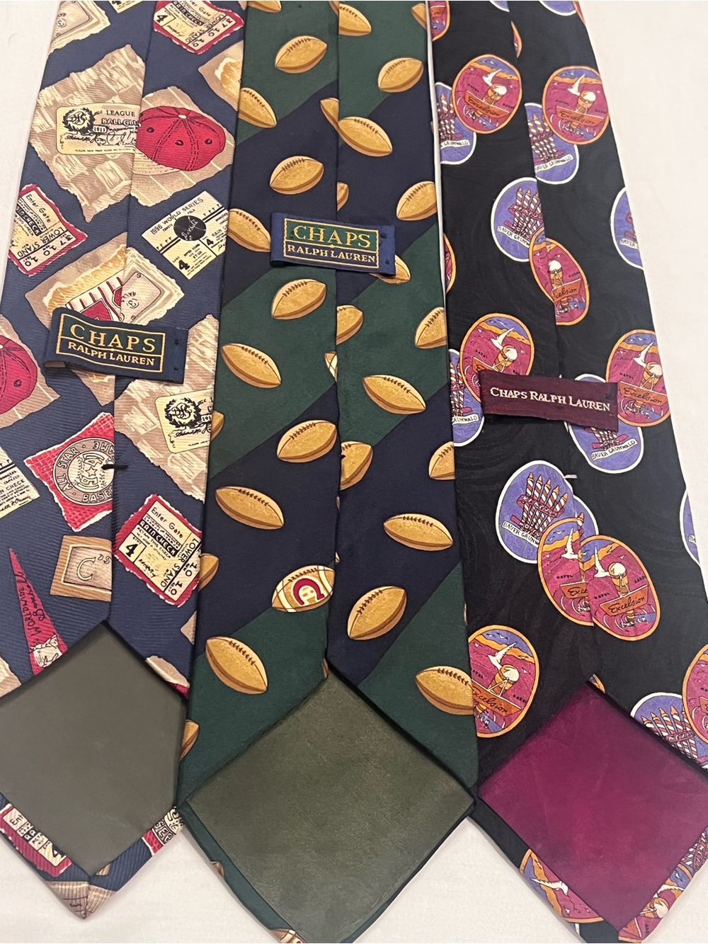 Chaps Ralph Lauren Woven Silk Novelty Sports Tie Logo Set of 3 Vintage